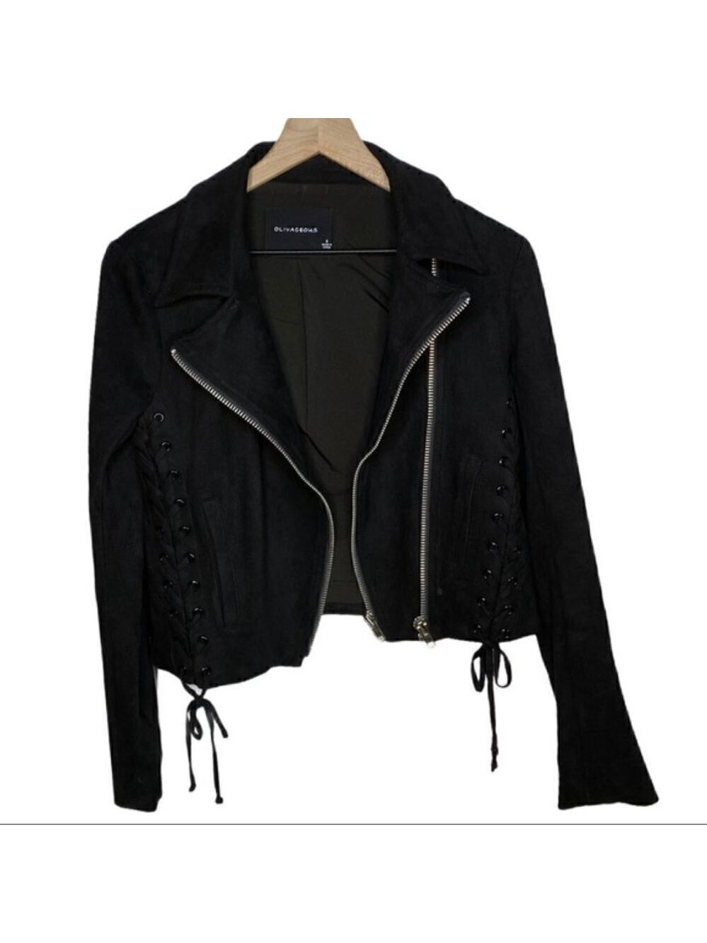 Olivaceous Black Faux Suede Moto Jacket Double Zipper Lace Up Small